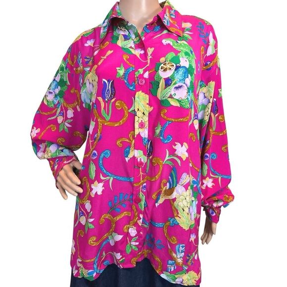 VTG Diane Von Furstenberg XL 100% Silk Button Up Blouse Floral Tropical Resort - Picture 6 of 16